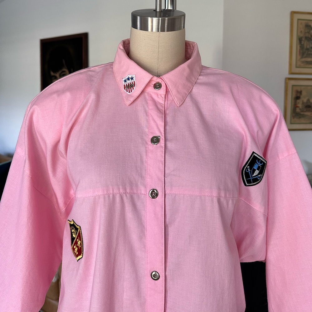NWT’s Vintage 80’s Bubblegum Pink Button-Up Shirt with Patches - Picture 7 of 16